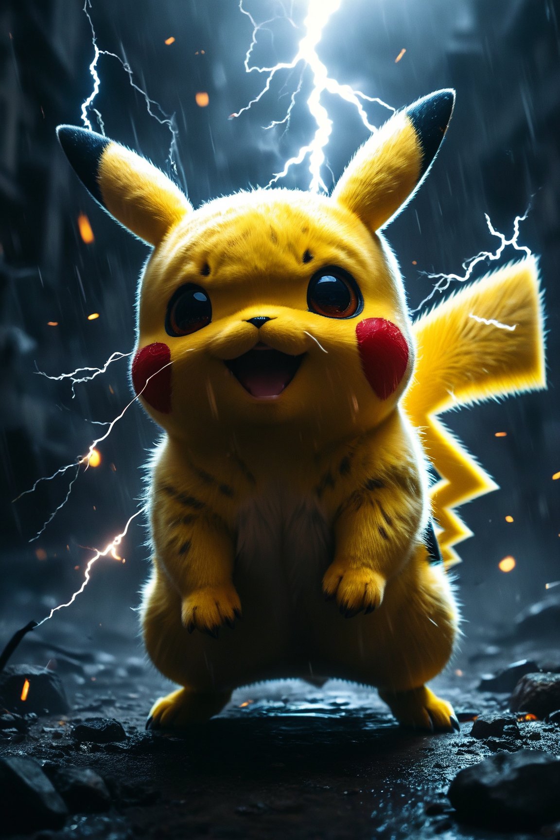 Concept for a Dramatic Image: "Furious Pikachu in a Post-Apocalyptic Scene"
Character Choice:
Imagine Pikachu transformed into a massive, furious creature, embodying both power and rage amidst a chaotic, dark atmosphere.

Composition:

Heroic Angle: Use a low-angle perspective to emphasize Pikachu’s towering presence, making it look like a colossal force of nature.
Facial Features:

Furiously Angry Expression: Pikachu’s eyes should burn with fury, glowing bright yellow against the dark backdrop. Its mouth should be wide open in a fierce roar, showcasing its tiny teeth and the intensity of its rage.

Charged Cheeks: The cheeks should be crackling with electricity, glowing ominously as if ready to unleash a devastating attack.

Dark Theme with Apocalypse Vibes:

Background: Create a dark, stormy sky filled with swirling black clouds and flashes of lightning, reminiscent of an apocalyptic scenario. The atmosphere should feel heavy and foreboding.

Falling Debris: Add elements of destruction, like crumbling buildings or shattered trees in the background, enhancing the sense of chaos and despair. Dust and ash can fill the air, contributing to the dark ambiance.

Electric Elements:

Lightning Strikes: Surround Pikachu with dynamic bolts of lightning, striking down from the sky. The lightning should illuminate the scene in stark flashes, creating dramatic contrasts and shadows.
Human Figures:

Tiny, Fearful Humans: At Pikachu’s feet, depict a group of tiny humans, huddled together in fear. Their faces should reflect terror and disbelief, emphasizing their vulnerability against the giant creature.

Dynamic Poses: Some humans can be shown falling to their knees, while others look up in horror, their bodies trembling. This adds to the sense of impending doom.

Overall Mood:
The image should evoke a powerful mix of anger and despair, showcasing Pikachu as a formidable force in a world on the brink of destruction. The combination of its fierce expression, the dark, apocalyptic theme, and the terrified humans at its feet will create a striking and unforgettable scene that captures the essence of a world facing its end.