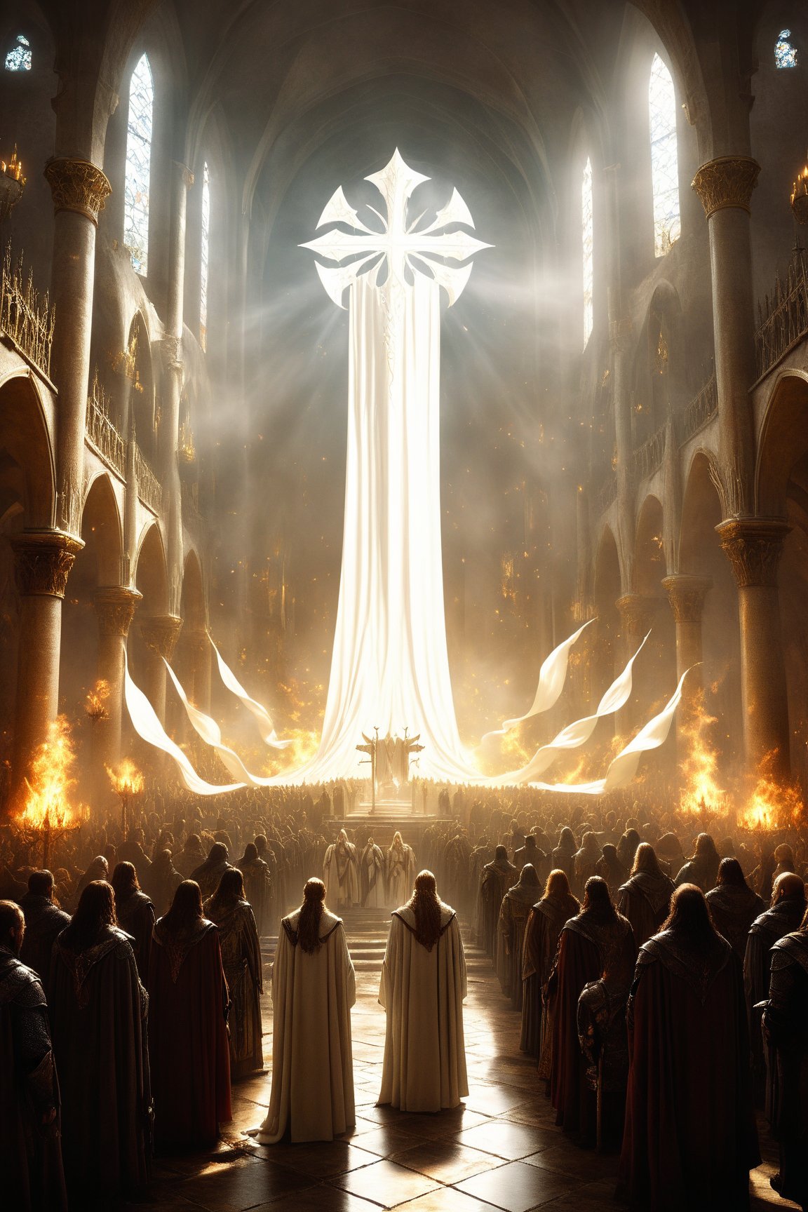 a large group of people standing in front of a large white flag in a church, award-winning fantasy art, elegant cinematic fantasy art, ancient kings in white robes, epic fantasy artwork, award winning fantasy art, epic fantasy painting, epic fantasy style art, epic fantasy digital art, epic fantasy digital art style, stormlight archive, amazing d & d art, epic fantasy art, d & d fantasy art, epic fantasy illustration, epic fantasy art style, epic fantasy card game art, fantasy epic digital art, heroic fantasy art, cinematic fantasy painting, the fall of gondolin