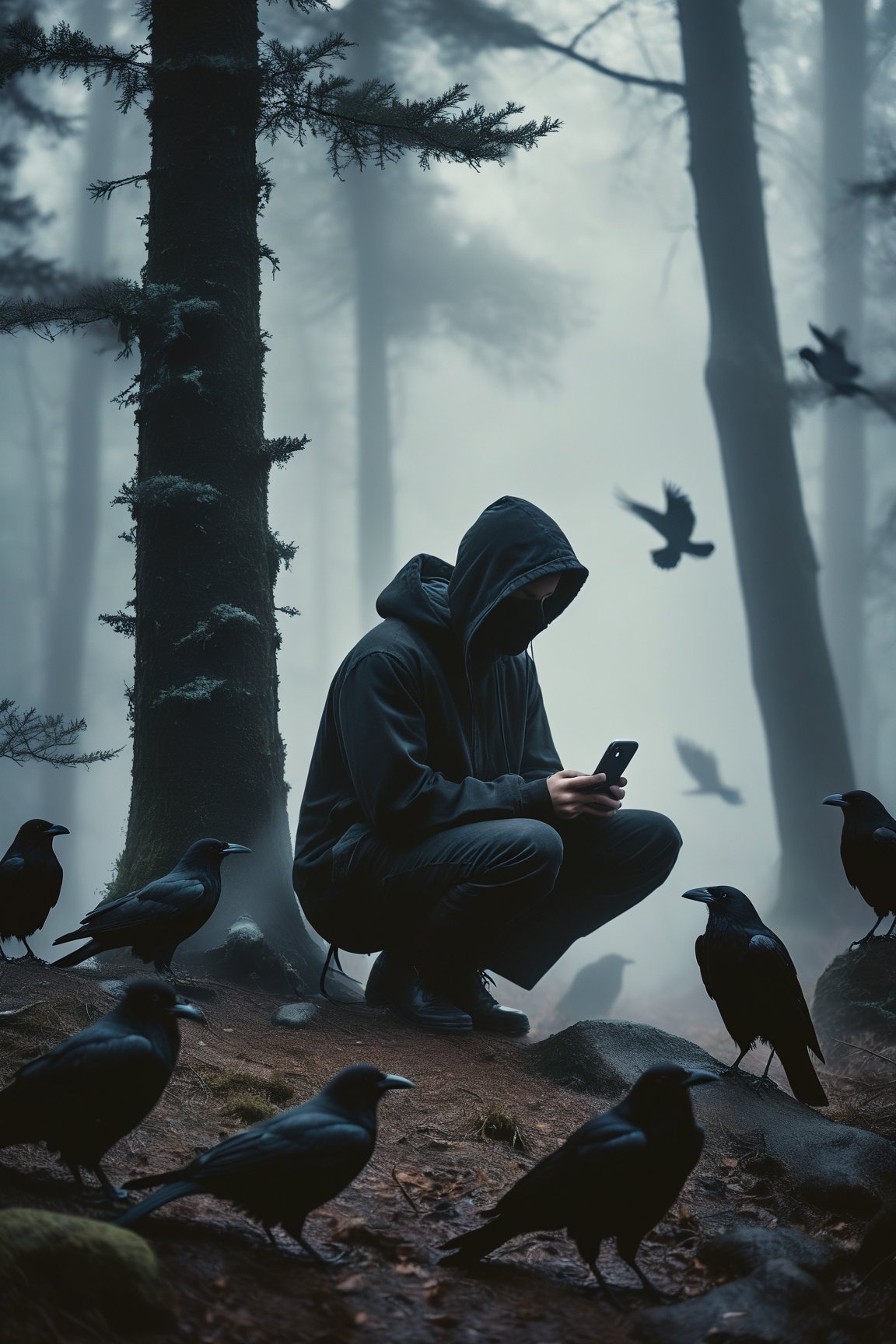 side view, Surreal photograph of a figure kneeling in a foggy forest. The figure's head is replaced with an realistic big exaggerated iphone, on which a black crow is perched. surrounded by many figures with various types of smartphones replaced their head.  The image should have a dark, muted color palette with a shallow depth of field. The overall mood is mysterious and melancholic. 
