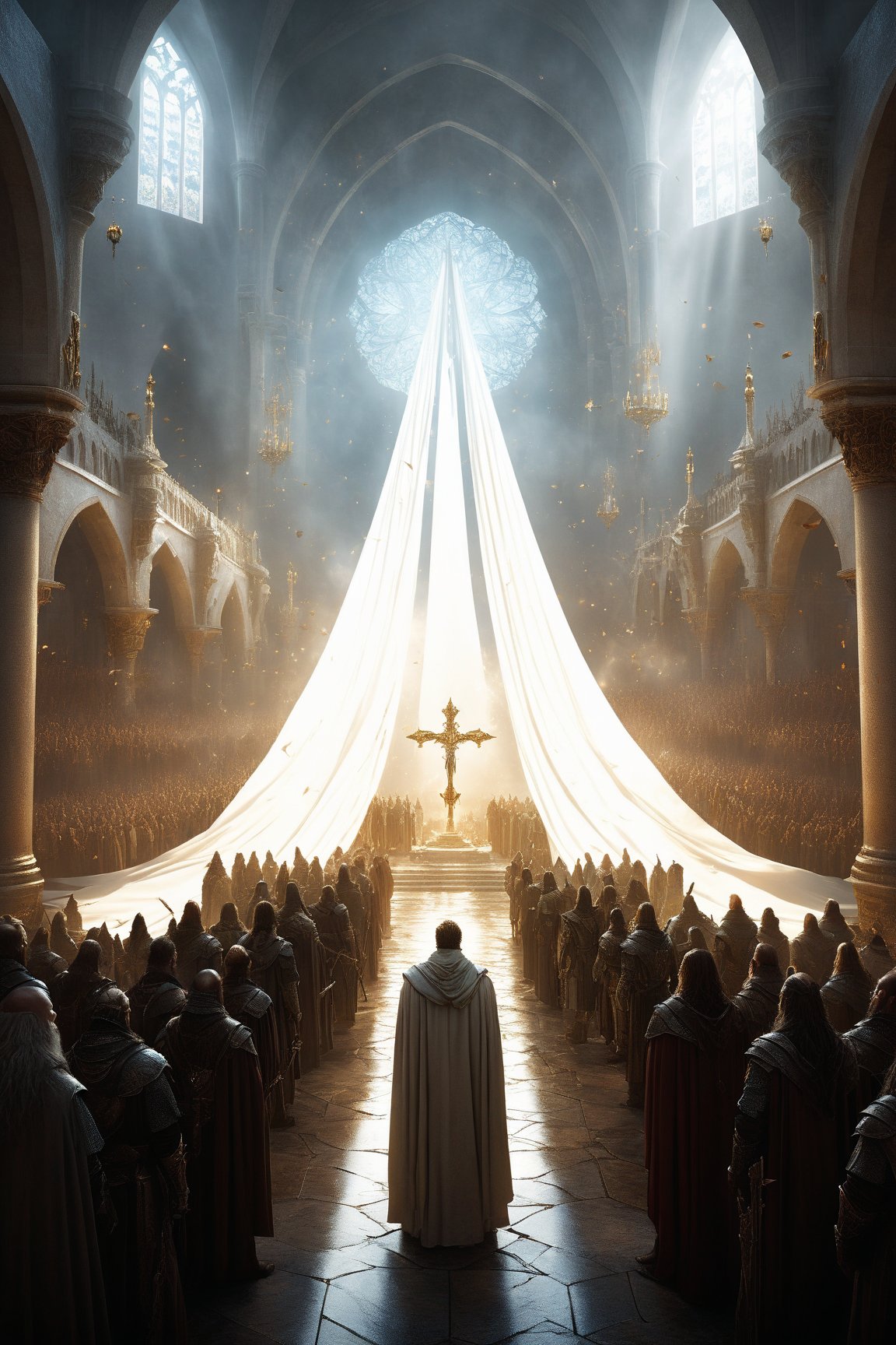 a large group of people standing in front of a large white flag in a church, award-winning fantasy art, elegant cinematic fantasy art, ancient kings in white robes, epic fantasy artwork, award winning fantasy art, epic fantasy painting, epic fantasy style art, epic fantasy digital art, epic fantasy digital art style, stormlight archive, amazing d & d art, epic fantasy art, d & d fantasy art, epic fantasy illustration, epic fantasy art style, epic fantasy card game art, fantasy epic digital art, heroic fantasy art, cinematic fantasy painting, the fall of gondolin