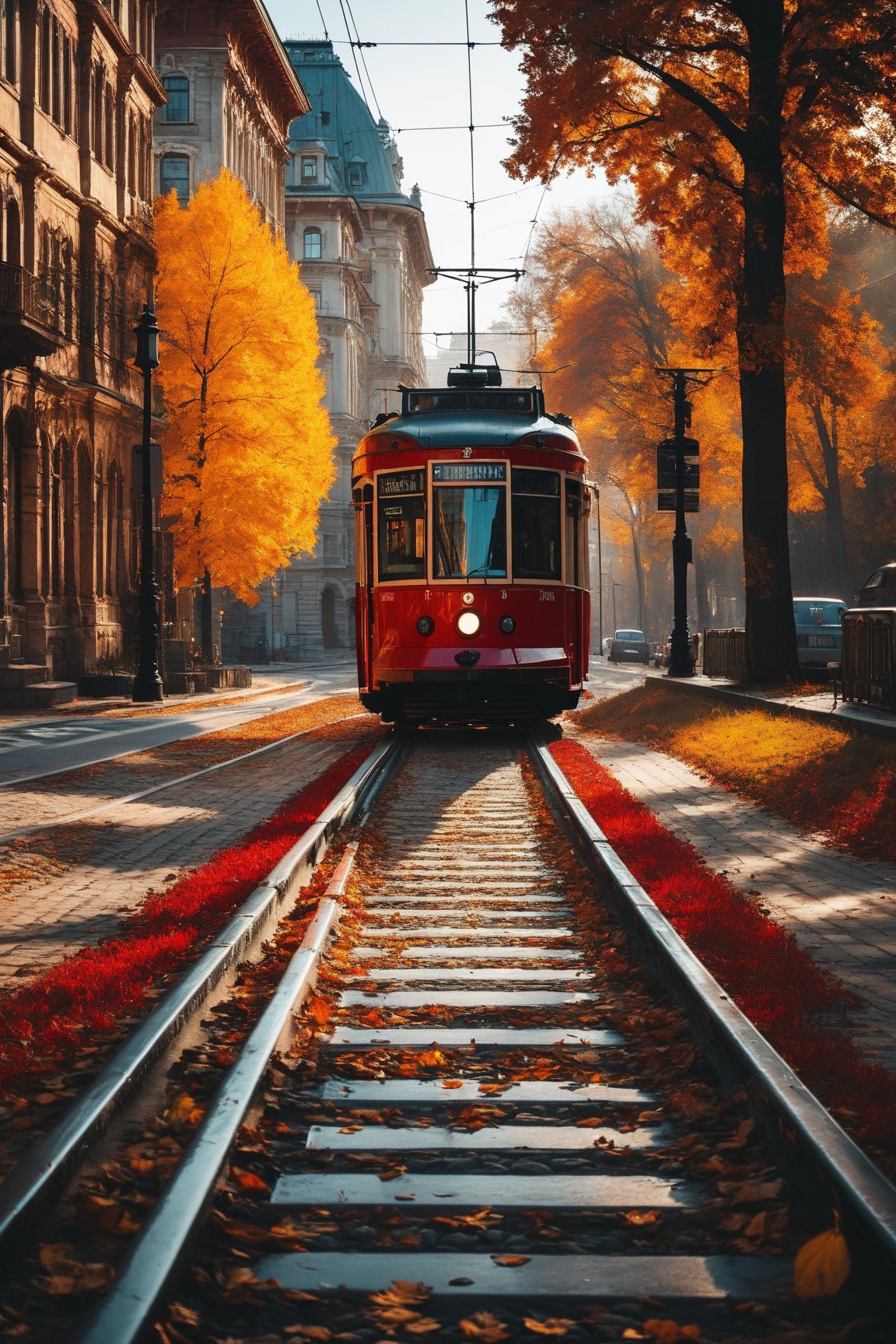 Alexander Starodubov, autumn, red streetcar on the streetcar tracks,  winding quiet street, old beautiful two-story building, light primitivism, 