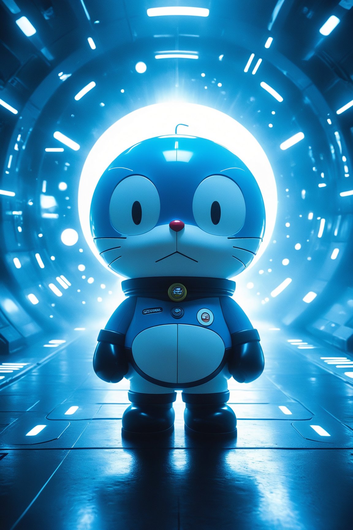 Poster Design Concept: "Doraemon: Surreal Tech Vision"
Overall Style:

Surrealism Meets Technology: The poster will blend surreal elements with a sleek technological aesthetic, focusing on Doraemon’s eyes to evoke a sense of wonder and curiosity.
Key Elements:

Doraemon’s Eyes as the Focal Point: The close-up will capture the intricate details of Doraemon’s eyes, reflecting a myriad of holographic images and data streams. The eyes will be large and expressive, conveying emotions of curiosity and intelligence.
Holographic Reflections: Within his eyes, incorporate reflections of futuristic gadgets, digital landscapes, and abstract shapes, suggesting a world of possibilities and adventures.
Background Design:

Pure Blue Background: The background will be a smooth, gradient blue, creating a calming yet futuristic atmosphere. The simplicity of the blue will allow Doraemon's features to stand out dramatically.
Subtle Tech Patterns: Overlay faint, circuit-like patterns or digital grids in a slightly darker shade of blue to enhance the technological feel without overwhelming the main focus.
Lighting and Effects:

Soft Glows and Highlights: Use soft, glowing effects around Doraemon’s eyes to create an ethereal quality. The light can subtly shift from deep blue to bright cyan, emphasizing the surreal aspect.
Depth of Field: Apply a shallow depth of field to blur the background slightly, ensuring that all attention is drawn to Doraemon’s face and eyes.
Color Palette:

Monochromatic Blues with Hints of Silver: Stick to varying shades of blue, accented with silver or white highlights to enhance the tech feel. The cool color palette will create a serene yet futuristic ambiance.
Overall Effect:
This poster will present Doraemon in a surreal, tech-inspired light, focusing on his eyes to symbolize the vast potential of imagination and technology. The minimalist blue background will enhance the overall impact, allowing viewers to connect deeply with the character while being transported into a dreamlike, futuristic realm. The design aims to evoke a sense of curiosity and wonder, appealing to both fans of Doraemon and lovers of innovative art.