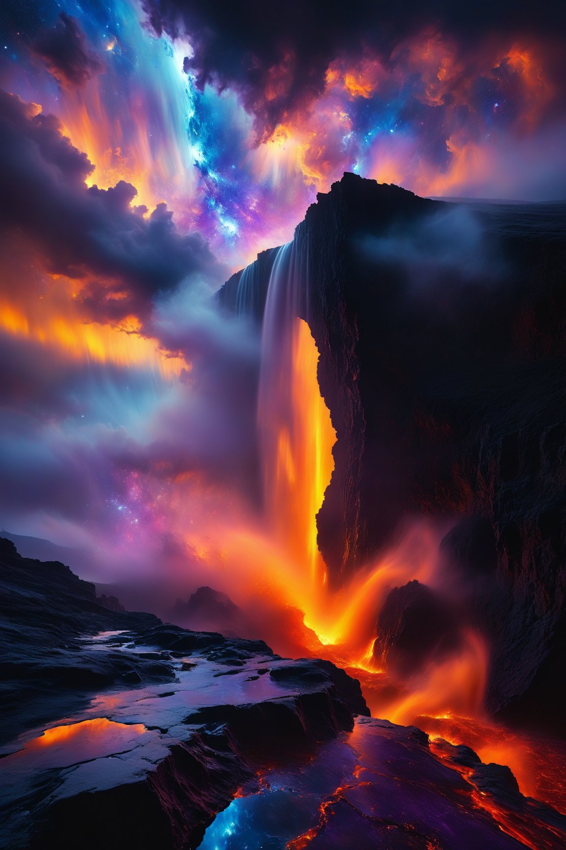 An abstract rendering of the edge of the world, where reality blurs into the surreal. The scene features a vast, crumbling cliff that seems to dissolve into an endless void, with the sky above shifting through a spectrum of vibrant, otherworldly colorsâdeep purples, electric blues, and fiery oranges. Fragments of the ground float weightlessly, suspended in mid-air, as if gravity itself has unraveled. Wisps of ethereal mist curl around the edges, mingling with shimmering particles of light that cascade into the abyss. The horizon bends and warps, as if pulled by an unseen force, creating a mesmerizing, dreamlike effect. The image is captured in a wide, panoramic shot, with dynamic lighting that accentuates the surreal textures and the stark contrast between the solid ground and the infinite void beyond. The overall composition evokes a sense of awe and mystery, as if peering into the very fabric of the universe at the brink of its existence 