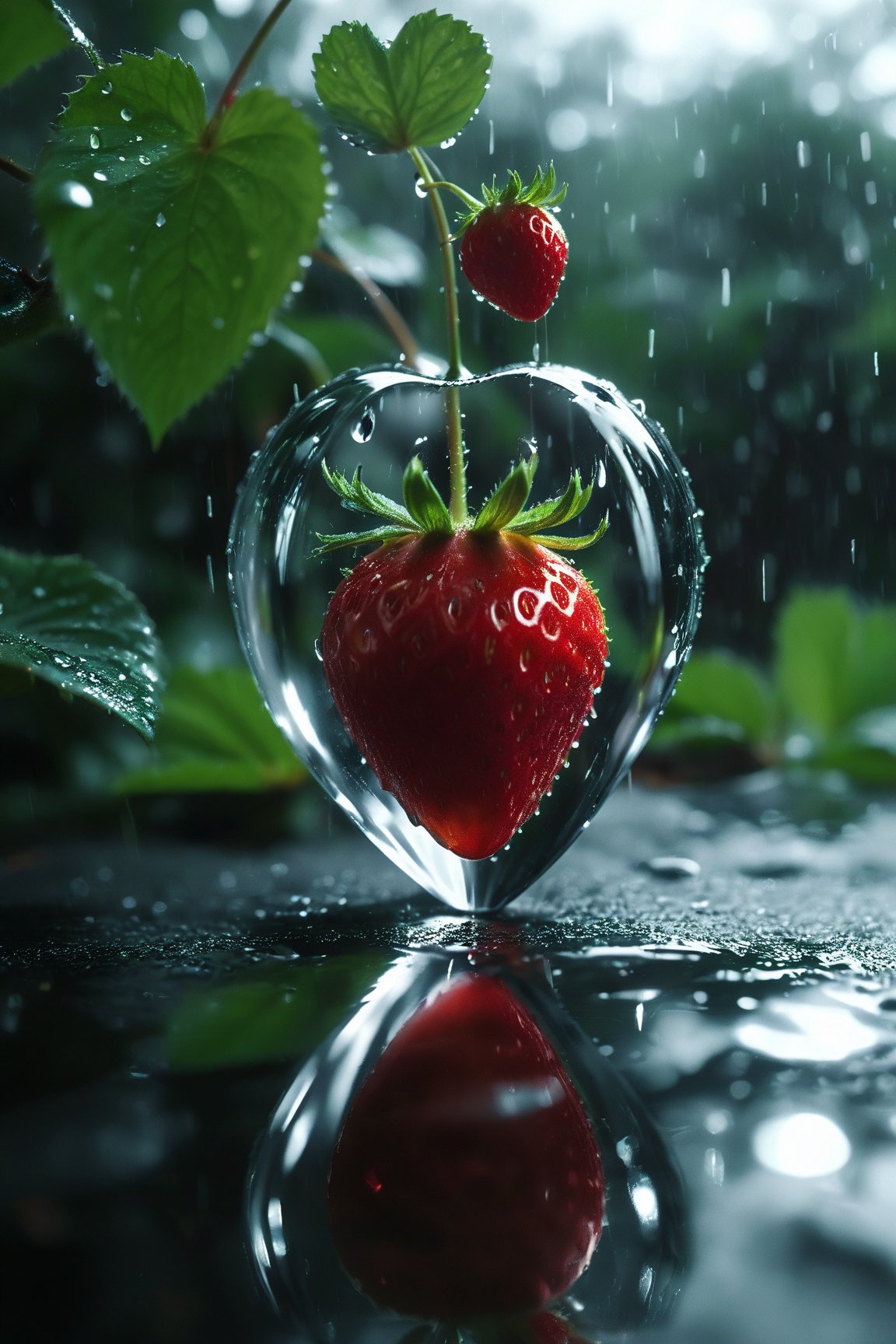 Cinematic style, realism, cinematic quality, 
"A transparent liquid gel-like mouse, a colorless liquid body, with a smooth, fluid texture, reflecting soft reflections of light, which slowly changes its shape, like a drop of water, under a leaf, standing under a strawberry, a rainy day."