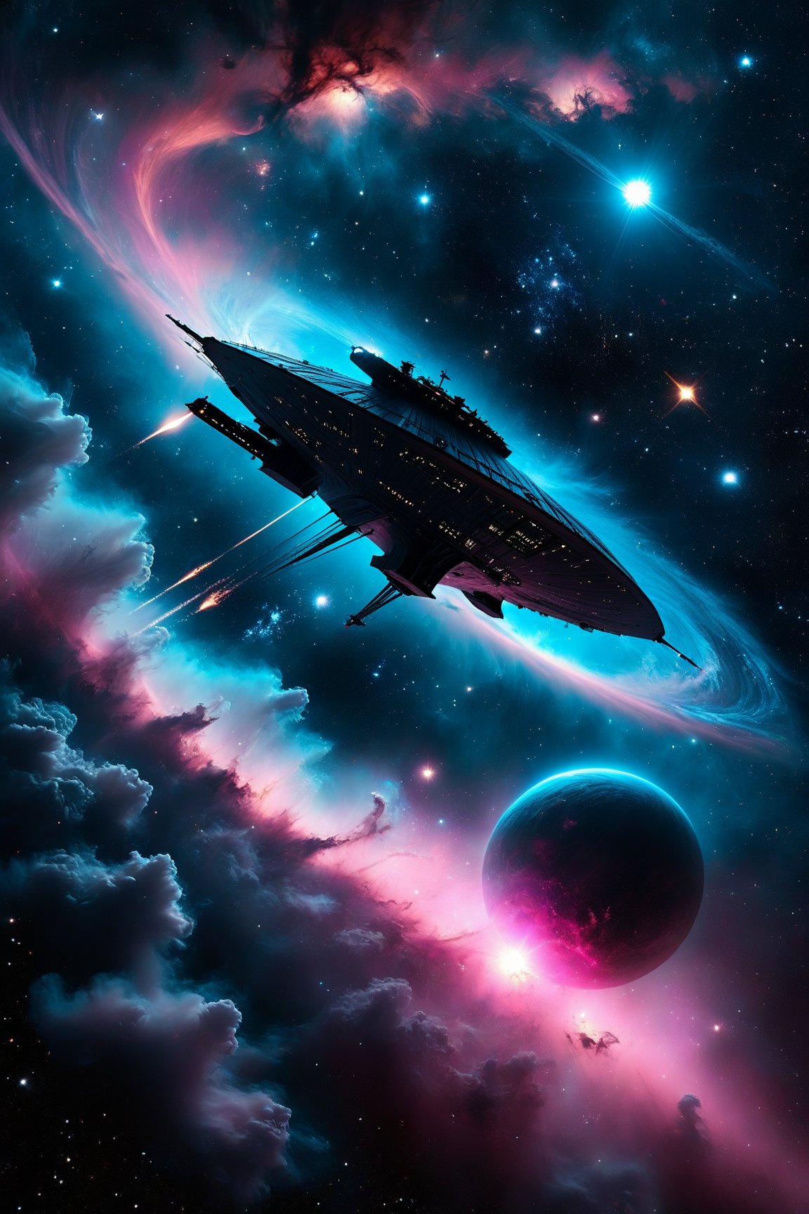 Title: Chronicles of an Ancient Cosmos A vast, black cosmos adorned with countless twinkling stars and a blazing sun is depicted. A lone spaceship navigates through the darkness, its sleek silver surface reflecting the starlight. The viewer is positioned behind the ship, watching as it glides towards an ominous nebula. Color mood: Cold, yet illuminated by the stars Lighting conditions: Subdued, with a slight hue of blue from the distant galaxy Angle: Long shot, capturing the vastness of space and the ship's journey Style: Surreal, evoking a sense of wonder and curiosity As the ship approaches the nebula, it disappears into its cloudy depths, leaving only a trail of smoke in its wake. The darkness is interrupted by vibrant shades of pink and purple, signaling the uncharted territory within. Color mood: Mysterious, transitioning from cold to warm Lighting conditions: Soft, contrasting the harsh blackness of space Angle: Close-up of the ship as it enters the nebula, with the cosmos still visible Style: Abstract, conveying the sense of exploration and discovery Suddenly, a planet emerges from the haze.,   ,