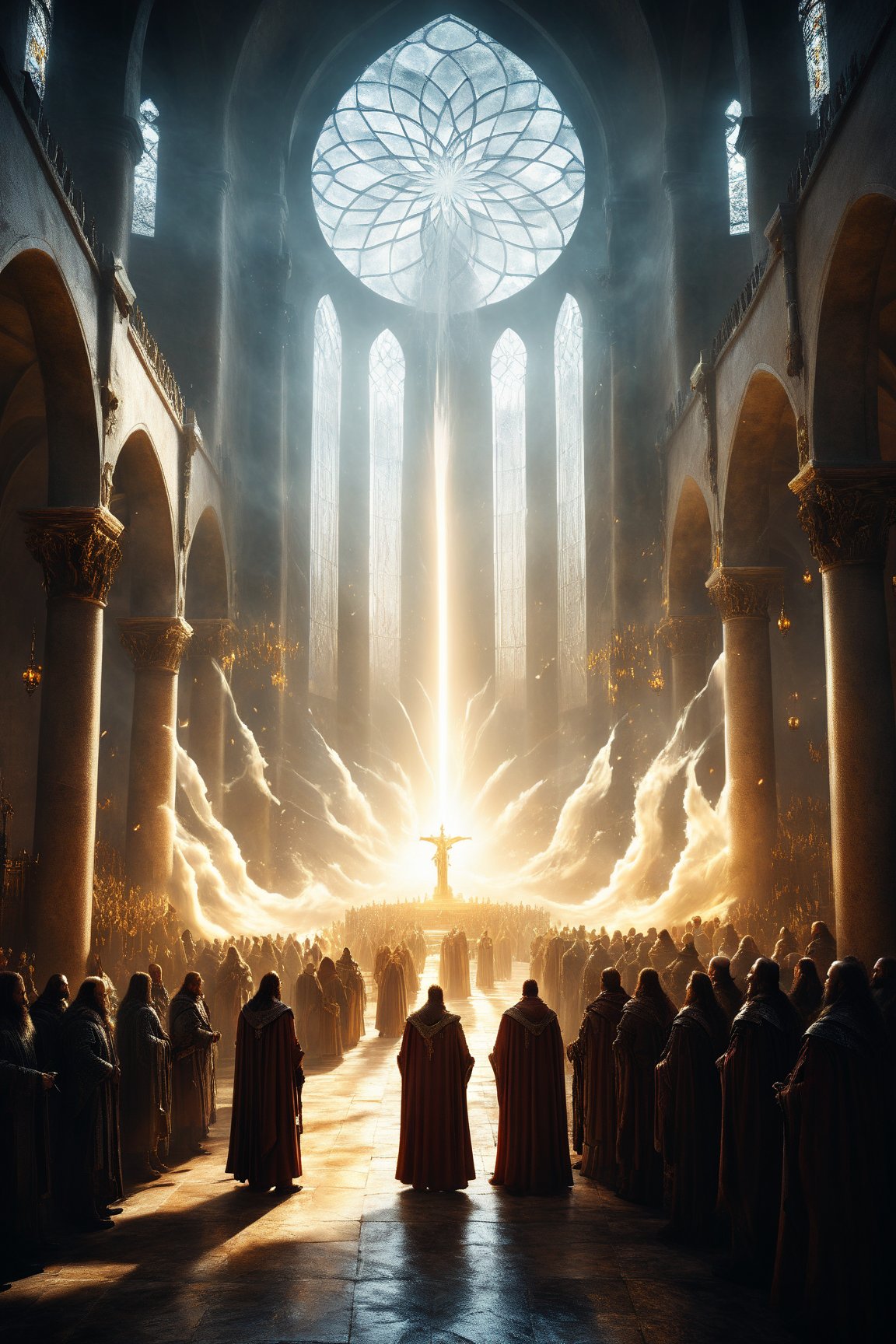 a large group of people standing in front of a large white flag in a church, award-winning fantasy art, elegant cinematic fantasy art, ancient kings in white robes, epic fantasy artwork, award winning fantasy art, epic fantasy painting, epic fantasy style art, epic fantasy digital art, epic fantasy digital art style, stormlight archive, amazing d & d art, epic fantasy art, d & d fantasy art, epic fantasy illustration, epic fantasy art style, epic fantasy card game art, fantasy epic digital art, heroic fantasy art, cinematic fantasy painting, the fall of gondolin