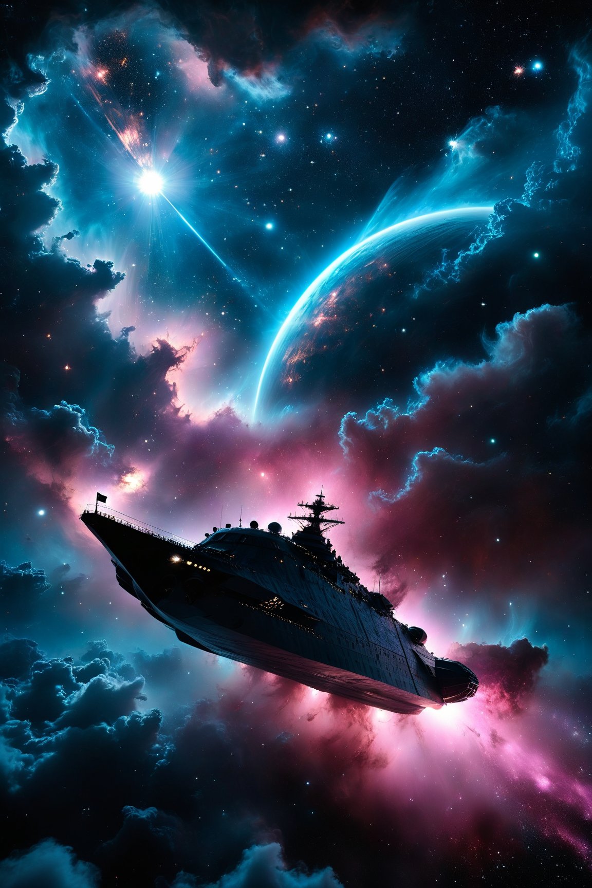 Title: Chronicles of an Ancient Cosmos A vast, black cosmos adorned with countless twinkling stars and a blazing sun is depicted. A lone spaceship navigates through the darkness, its sleek silver surface reflecting the starlight. The viewer is positioned behind the ship, watching as it glides towards an ominous nebula. Color mood: Cold, yet illuminated by the stars Lighting conditions: Subdued, with a slight hue of blue from the distant galaxy Angle: Long shot, capturing the vastness of space and the ship's journey Style: Surreal, evoking a sense of wonder and curiosity As the ship approaches the nebula, it disappears into its cloudy depths, leaving only a trail of smoke in its wake. The darkness is interrupted by vibrant shades of pink and purple, signaling the uncharted territory within. Color mood: Mysterious, transitioning from cold to warm Lighting conditions: Soft, contrasting the harsh blackness of space Angle: Close-up of the ship as it enters the nebula, with the cosmos still visible Style: Abstract, conveying the sense of exploration and discovery Suddenly, a planet emerges from the haze.,   ,