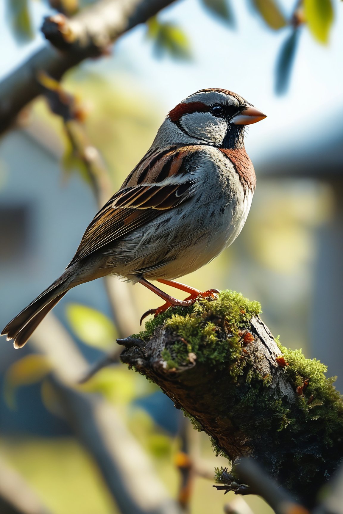 Hybrid between a house sparrow and a cow, the small, agile body of a house sparrow with the head of a cow, perched on a tree branch, hyper-realistic, action scene, cinematic, perfect textures, tilt-shift effect.