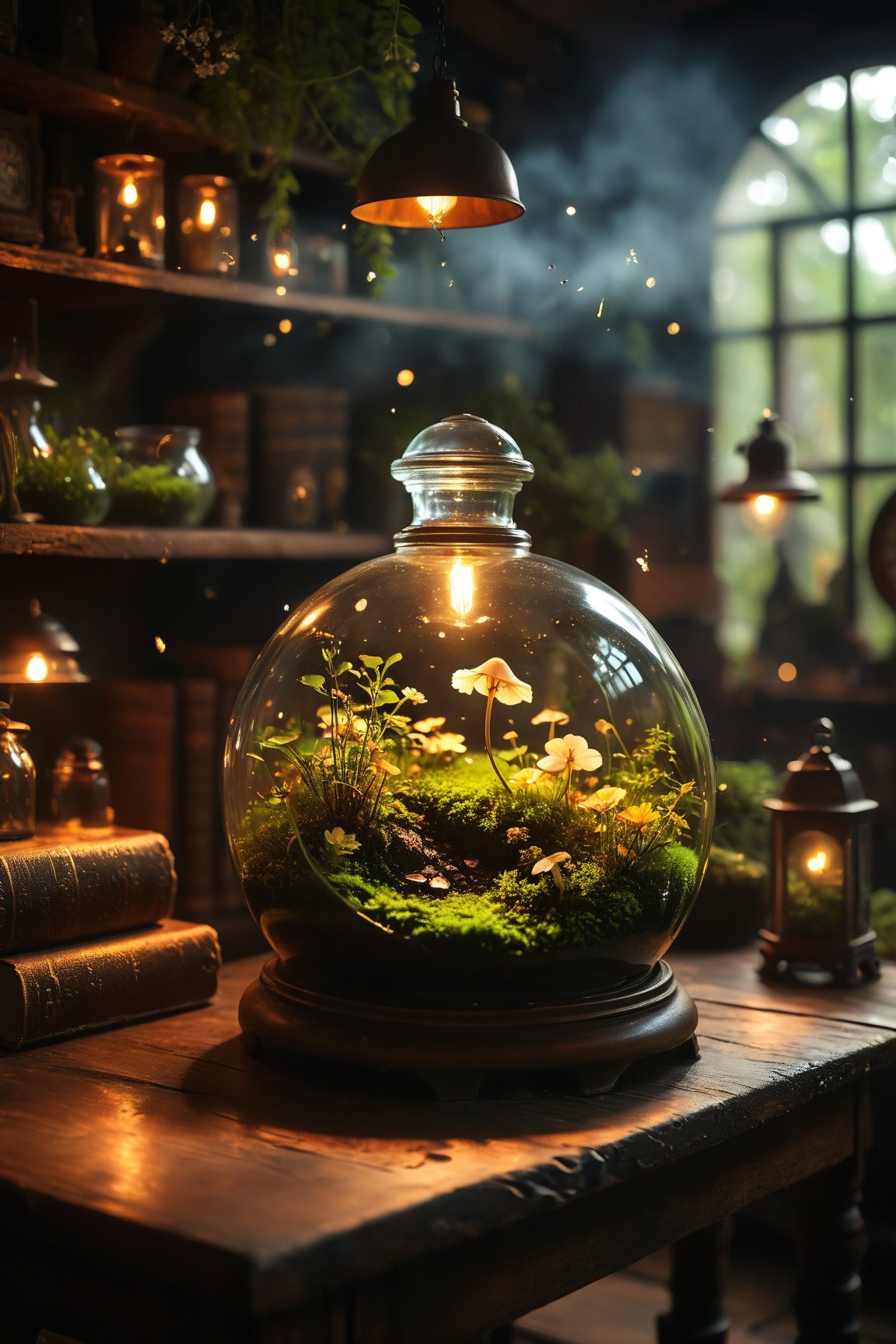 A magical terrarium filled with fine tiny flowers and lush green moss, a small mushroom growing inside, and glowing fireflies that gently illuminate the scene. The terrarium is placed on an old wooden table, surrounded by antique objects in a dark, dusty antique shop. The shelves in the background are filled with vintage books, old clocks, and various trinkets, adding to the mysterious and enchanting atmosphere of the shop. Soft, warm light filters through the shop, casting shadows and creating a sense of wonder. deep depth of field, photography, Natural geographic photo, Hyper-realistic, 16k resolution, (masterpiece, award winning artwork), many details, extreme detailed, full of details, Wide range of colors, high Dynamic, ,