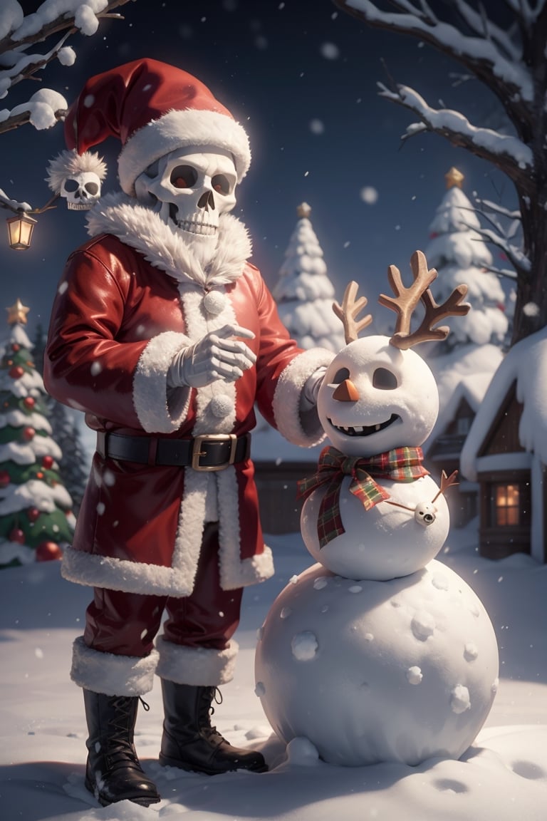 santa costume, skeleton, santa hat, dress, skull, tree, flower, snow, fur trim, glowing, bow, sky, outdoors, belt,Santa Clause and reindeer with snowman, snowing Christmas day 