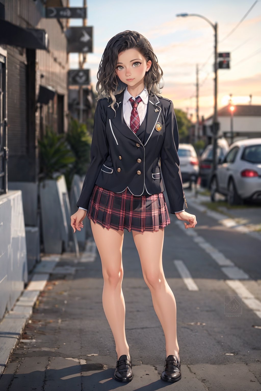 A Woman,  portrait full body_detailed,  very beautiful,  detailed,  intricate details,  Color Booster, SkpFace, 

badge, blazer, buttons, jacket, necktie, plaid, plaid_pants, plaid_skirt, school_uniform, shirt, skirt, long_sleeves, pleated_skirt, checkered_skirt, bow, white_shirt, plaid_bow, plaid_dress, plaid_jacket, plaid_necktie, plaid_neckwear, shuujin_academy_uniform

((sunset, street, melissa stemmer's photography style))

Film Grain, FilmGrainAF,ProduceSei,photorealistic,SkpFace