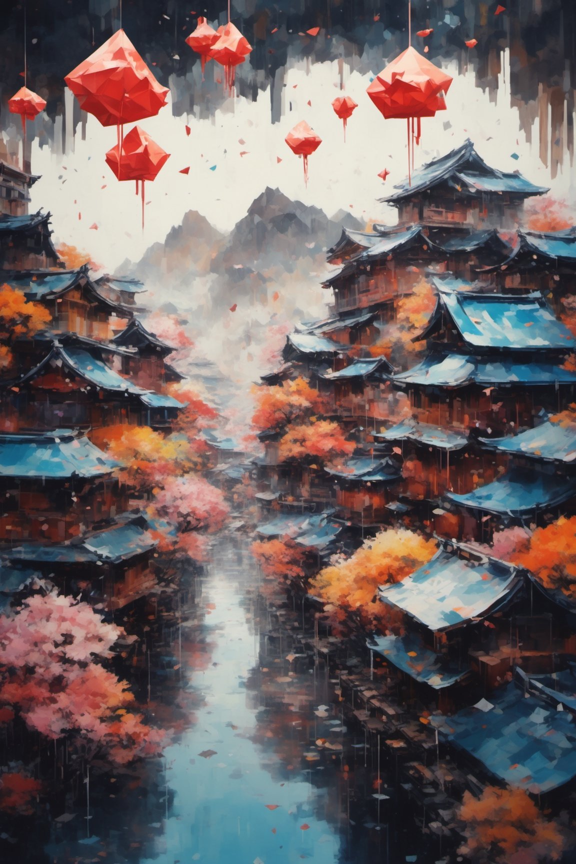 Origami ,dripping paint, a beautifully coloured ancient japanese township on a floating island in the sky, cinematic, atmospheric, powerful image, depth in field, masterpiece