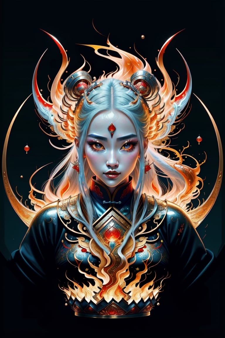 Chinese martial arts(masterpiece, top quality, best quality, official art, beautiful and aesthetic:1.2), (1girl), extreme detailed, (abstract, fractal art:1.3), long hair, isometric, highest detailed, (fire, water, ice, lightning), ghost,Realism, red glowing eyes, jewelery made of diamonds and silver, yellow glows background ,