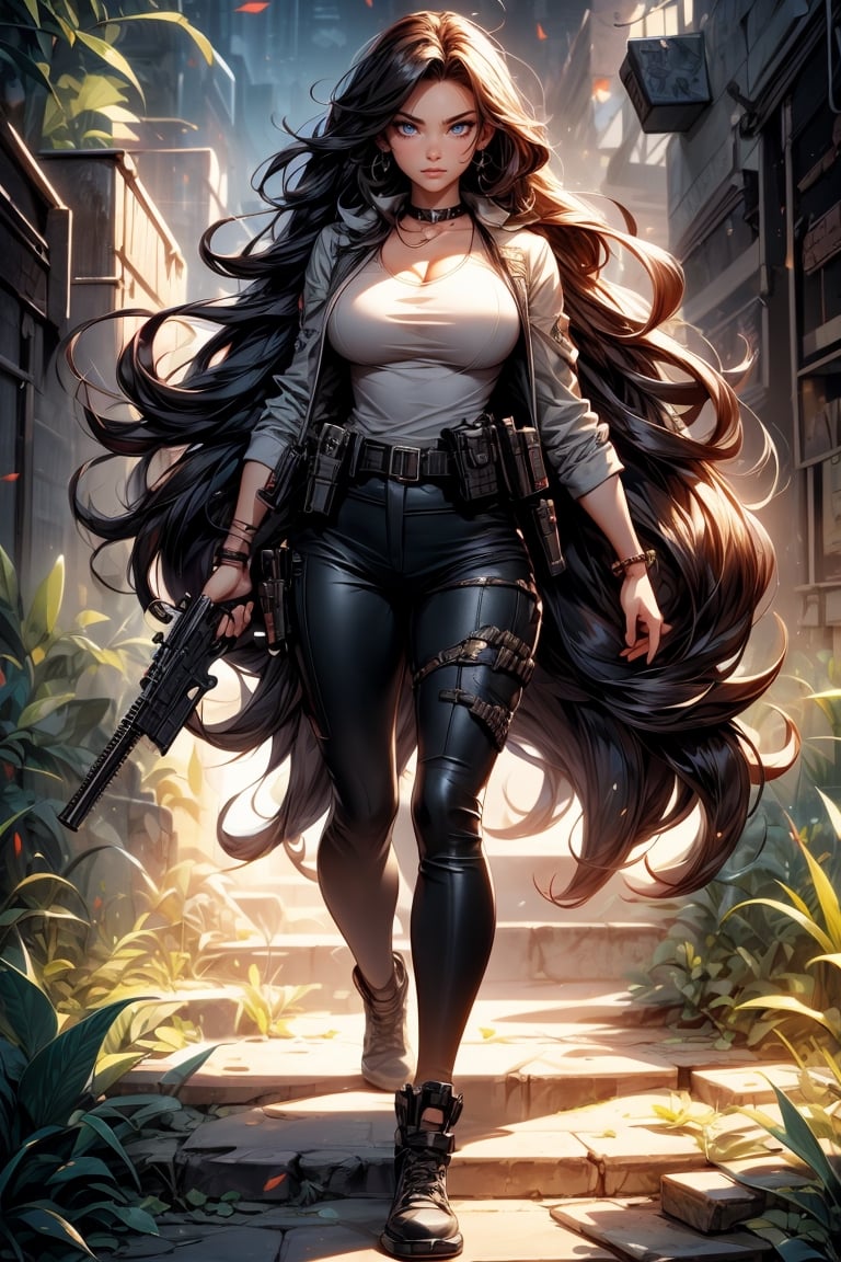 Movie poster, big chest woman, long hair, black pants, 1 black belt, holster with pistol, just one body, front view, ruins, jungle, night
