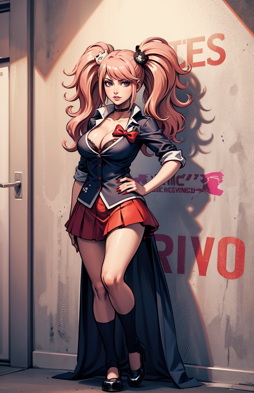 A woman with pink hair and a blue top is posing, red nails, choker, skirt, red bow, black shirt, large breasts, collarbone, cleavage, hair ornament, twintails, long hair,enoshima_junko, full body