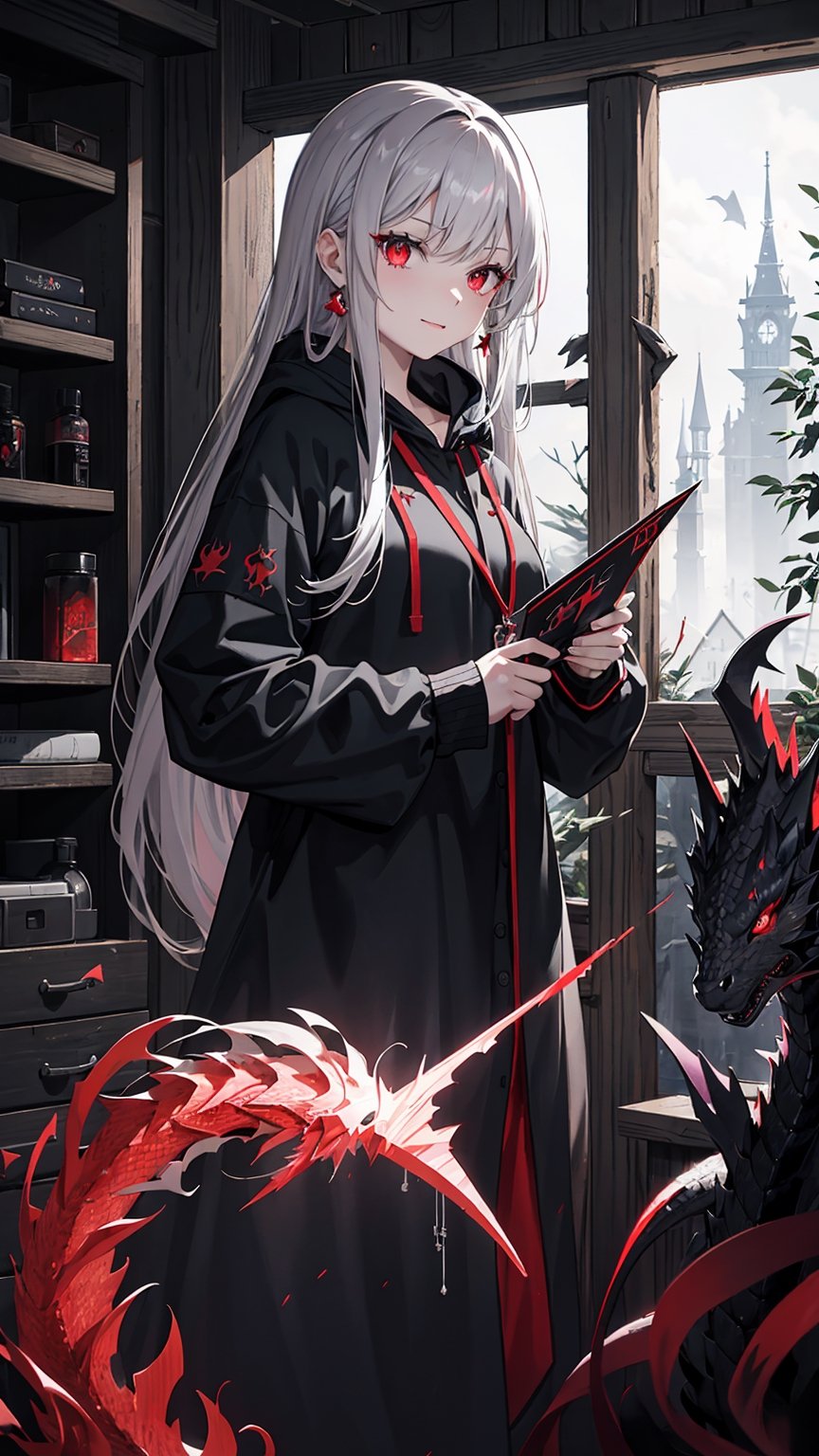 //Quality,
masterpiece, best quality, detailed
,//Character,
1girl, light smirk, solo, long hair,  black_black_grey hair, shiny hair, pale white skin, pale skin,  red eyes, ((Red Eye)), red eye colour, bangs, pony_tail
,//Fashion,
white chain earrings, black jacket, black_black_grey jacket, grey hoodie, witch robe, amazon clothes, holding Magical black_black_grey cube
,//Background,
abandoned house in the middle of dead forest
,//Others,
light particles, depth of field, fantasy purple forest, water, colorful, dripstone, Magical red_red_black dragon, stalagmite, red_red_black magical dragon in the background, gigantic red_red_black magical dragon in the background, red_red_black tiny dragon pet