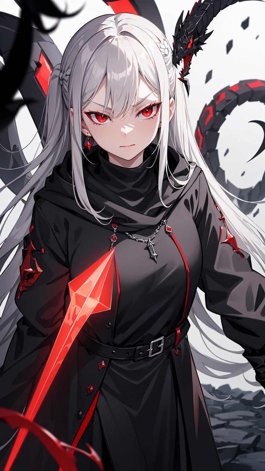 //Quality,
masterpiece, best quality, detailed, (depth of field:1.5), depth_of_field
,//Character,
1girl, pissed off facial, light smirk, solo, long hair, grey hair, shiny hair, pale white skin, pale skin, ((pale skin)), red eyes, ((Red Eye)), red eye colour, bangs, pony_tail, side_braid
,//Fashion,
red diamond earrings, black jacket, black_black_grey jacket, grey hoodie, robe, amazon clothes, holding Magical black_black_grey cube
,//Background,
pirate ship in the monster of sea
,//Others,
light particles, depth of field, fantasy purple forest, water, colorful, dripstone, Magical red_red_black snake, stalagmite, red_red_black magical dragon in the background, gigantic red_red_black magical snake in the background, red_red_black tiny snake pet,yandere