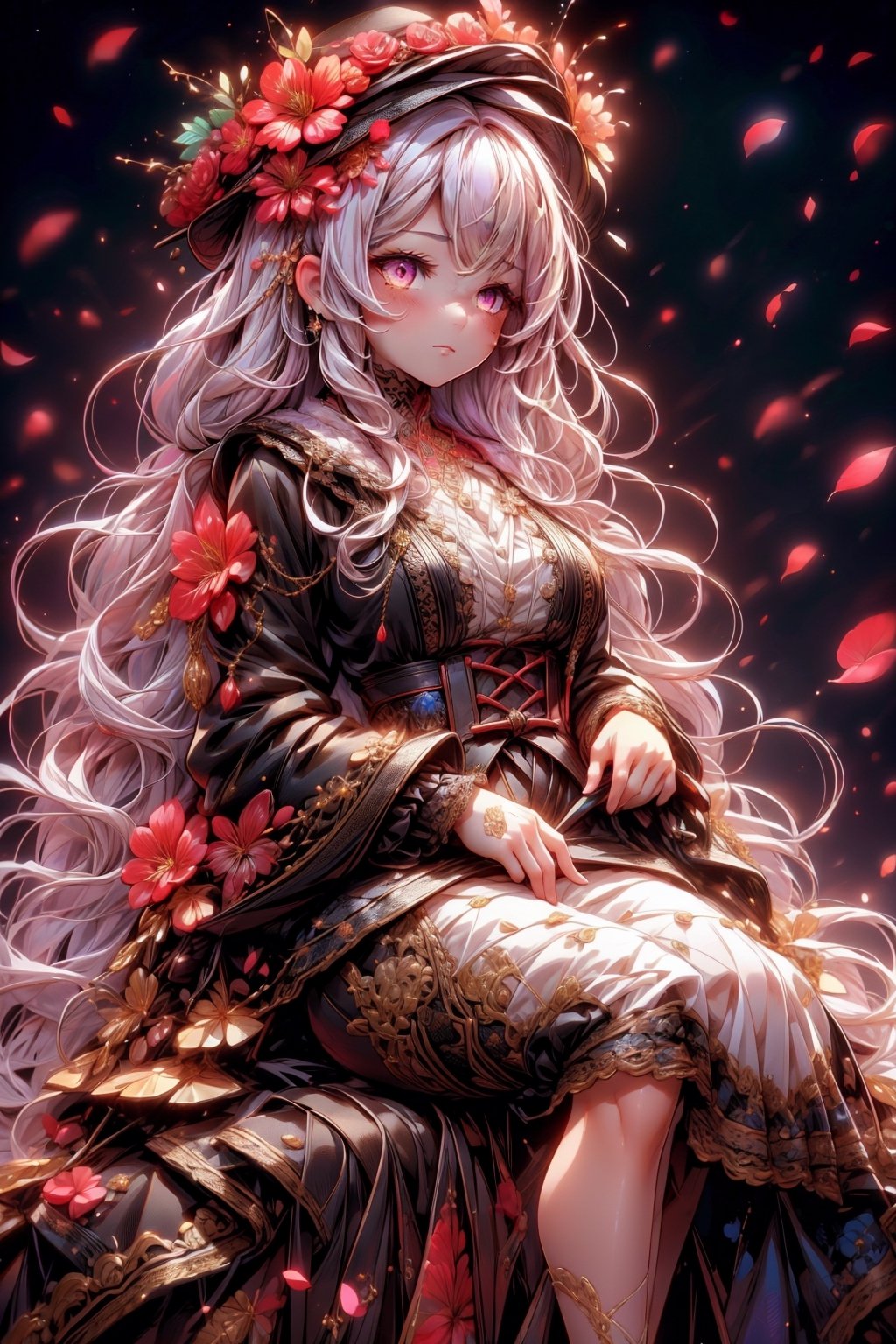 vibrant colors, female, masterpiece, sharp focus, best quality, depth of field, cinematic lighting, ((twin, adult woman)), (illustration, 8k CG, extremely detailed), masterpiece, ultra-detailed, 2 girl, long hair, black_purple_white hair, braids, red eyes, floral elegance, draped in a clothes crafted entirely from a myriad of multicolored flowers, a girl radiates elegance with ornate earrings and a decorative floral accent adorning her hair. The detailed illustration captures the enchanting scene, where the beauty of nature intertwines with the sophistication of an elegant ensemble. Her hair, styled with grace, frames her face in a cascade of intricate waves. The floral gown, a kaleidoscope of colors, accentuates her regal presence. The ornate earrings add a touch of refinement, and the floral hair decoration becomes a delicate hat, harmonizing with the vibrant hues of the blossoms, illustration paints a captivating portrait of a girl embodying the splendor of nature and the refinement of elegance. The floral clothes becomes a living canvas of colors, creating a scene of timeless beauty and botanical sophistication. Sea of Flower. ,Nice legs and hot body,perfect,
,1 girl, glowingveins