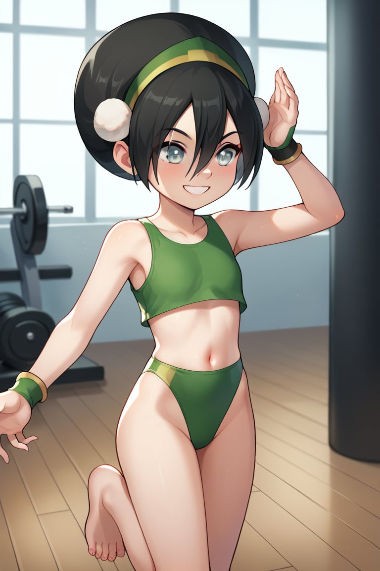 score_9, score_8_up, score_7_up, score_6_up, score_5_up, score_4_up, BREAK, source_anime,
gym, indoor, toon
1girl, solo, toph, bangs, black hair, blind, grey eyes, hair between eyes, hair bun, hairband, short hair, smile, 
cute, female, loli, child, cute eyes, beautiful eyes, perfect body, curvy, sexy, barefoot, perfect face,

dancing, leotard, dinamic pose, (crop top), cowboy shot