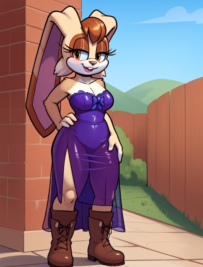 vanilla, bunny girl, vanillarabbit, dress, wearing cute dress, boots, ((see through dress)), blush, smile, milf, see-througth 3, sundress, wearing transparent dress, beautiful, body silhouette, blue bow, white gloves, rabbit, furry, wide hips, thick body, fur body, toon, cartoon