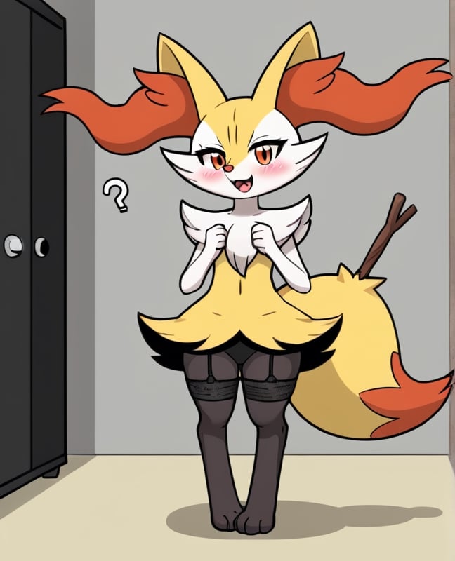 best quality, masterpiece, consistent, high resolution, 4k, grey background, centered, solo, room,

 dark pokemon, fakemon, chibbi, (braixen), fur, solo, female, biped, sexy, tail, fox, ?, blush, happy, nsfw, wearing pantis, lace pantis, cian underwear, garter belts