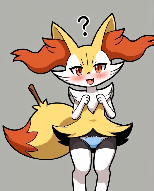 best quality, masterpiece, consistent, high resolution, 4k, grey background, centered, solo, room,

 dark pokemon, fakemon, chibbi, (braixen), fur, solo, female, biped, sexy, tail, fox, ?, blush, happy, nsfw, wearing pantis, lace pantis, cian underwear, panty focus