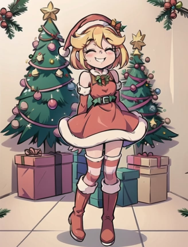 1 girl, star butterfly, dress, wearing cute dress, boots, ((xmas dress)), blush, nervous smile, open eyes, sundress, wearing green dress, beautiful, full body, madure, hat, dinamic pose, christmas, long dress, black boots, (amy rose skirt), striped shocks