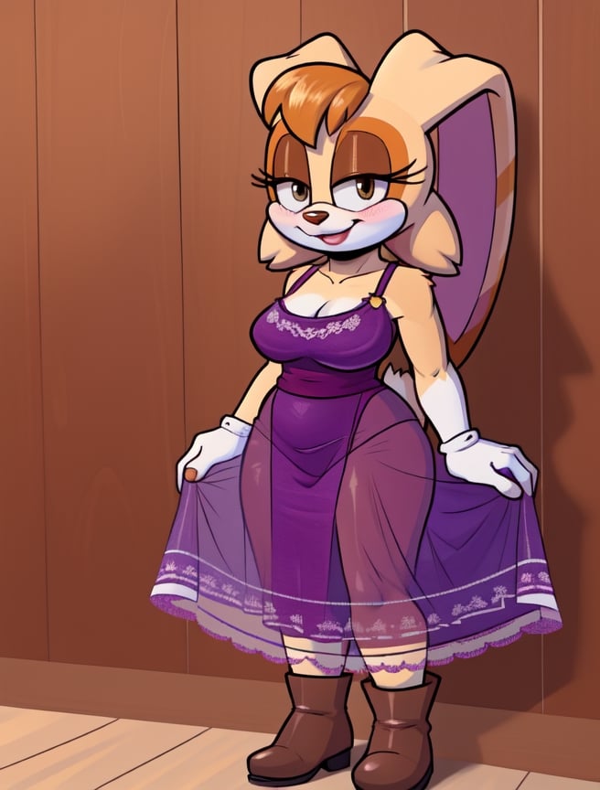 vanilla, bunny girl, vanillarabbit, dress, wearing cute dress, boots, ((see through dress)), blush, smile, milf, see-througth 3, sundress, wearing transparent dress, beautiful, body silhouette, blue bow, white gloves, rabbit, furry, wide hips, thick body, fur body, toon, cartoon, nsfw