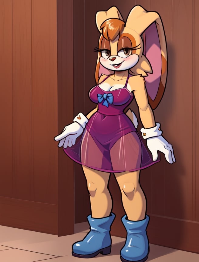 vanilla, bunny girl, vanillarabbit, dress, wearing cute dress, boots, ((see through dress)), blush, smile, milf, see-througth 3, sundress, wearing transparent dress, beautiful, body silhouette, blue bow, white gloves, rabbit, furry, wide hips, thick body, fur body, toon, cartoon