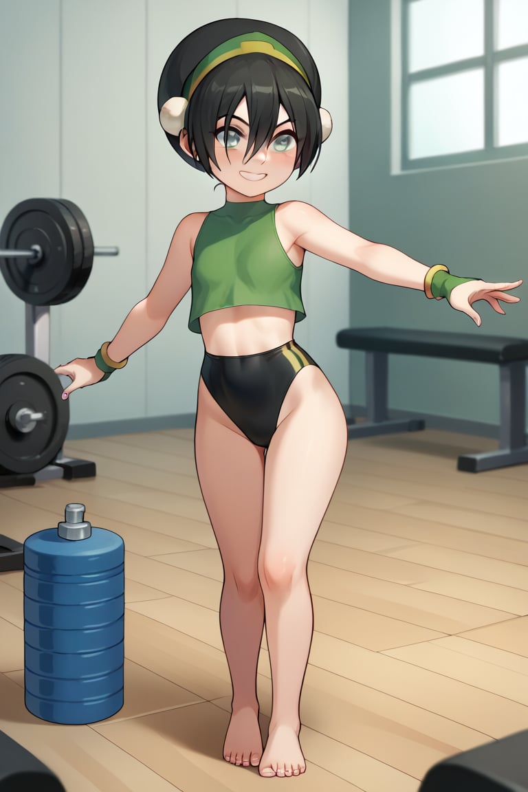 score_9, score_8_up, score_7_up, score_6_up, score_5_up, score_4_up, BREAK, source_anime,
gym, indoor, toon
1girl, solo, toph, bangs, black hair, blind, grey eyes, hair between eyes, hair bun, hairband, short hair, smile, 
cute, female, loli, child, cute eyes, beautiful eyes, perfect body, curvy, sexy, barefoot, perfect face,

dancing, leotard, dinamic pose, (crop top), cowboy shot