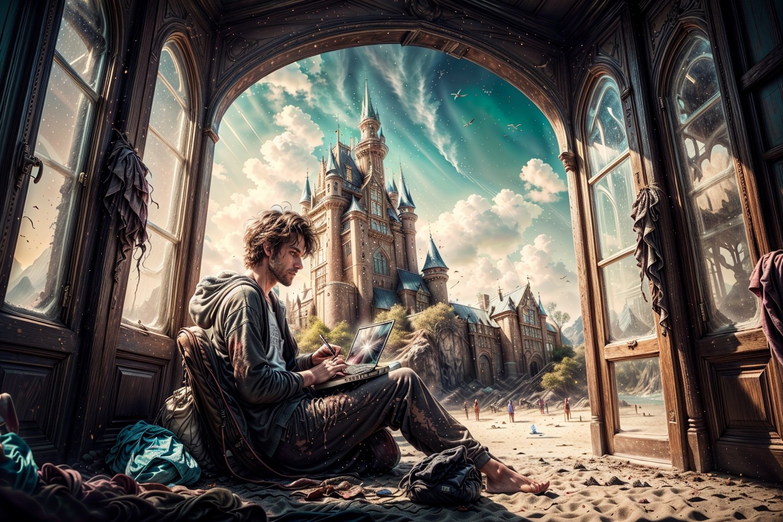 Paint a relaxing and chill scene of a 32 year old man alone in his bedroom sitting on a portable beach chair, writing on laptop over his thighs, sitting in front of a big window showing fantasy castle background, handsome male brown messy hair, unkept appearence, baggy clothes, afternoon, perfect light,perfect light,fantasy00d