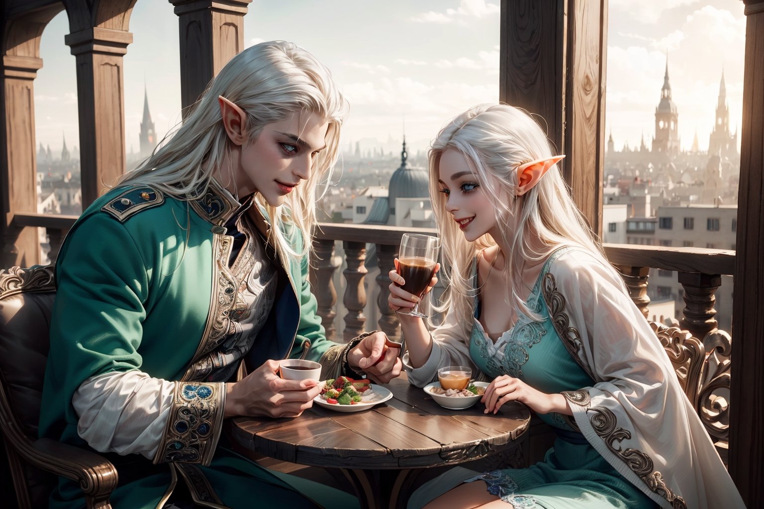 High detailed ,seated couple, hetero, holding hand, drinking cups of steamy coffee in a balcony, having brunch, flirting, smiling to each other, 1 young white haired white eyebrows handsome muscled elf man with blue eyes and 1 silver haired beautiful elf woman with green eyes, standing side by side , uniform , muscled , futuristic ,fantasy00d,vamptech, sexy, beautiful people, elf_ears, hd, 3d_(artwork), love