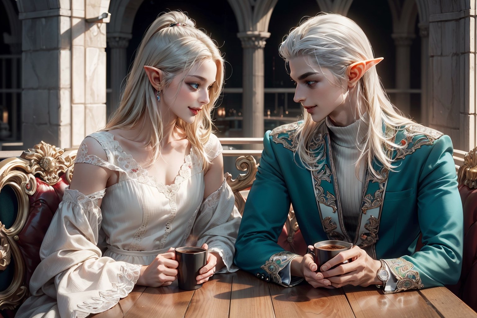 High detailed ,seated couple, hetero, holding hand, drinking cups of steamy coffee in a balcony, having brunch, flirting, smiling to each other, brushing hair with fingers, 1 young white haired white eyebrows handsome muscled elf man with blue eyes and 1 silver haired beautiful elf woman with green eyes, standing side by side , uniform , muscled , futuristic ,fantasy00d,vamptech, sexy, beautiful people, elf_ears, hd, 3d_(artwork), love