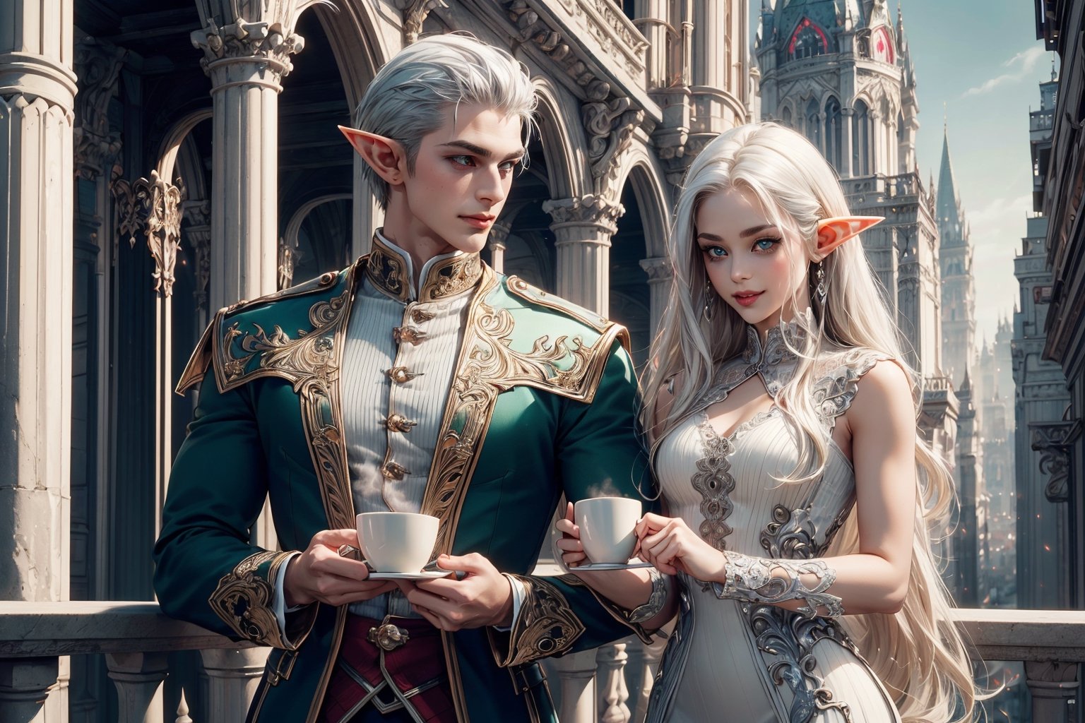 High detailed , couple, hetero, holding hand, drinking cups of steamy coffee against a balcony, flirting, smiling to each other, 1 young white haired white eyebrows handsome muscled elf man with blue eyes and 1 silver haired beautiful elf woman with green eyes, standing side by side , uniform , muscled , futuristic ,fantasy00d,vamptech, sexy, beautiful people, elf_ears, hd, 3d_(artwork), love