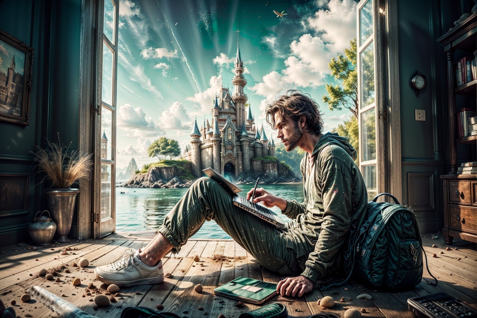 Paint a relaxing and chill scene of a 32 year old man alone in his bedroom sitting on a portable beach chair, hand fingers tapping laptop keyboard over his thighs, sitting in front of a big window showing fantasy castle background, handsome male brown messy hair, green eyes, unkept appearence, baggy clothes, afternoon, perfect light,white shoes, perfect light,fantasy00d