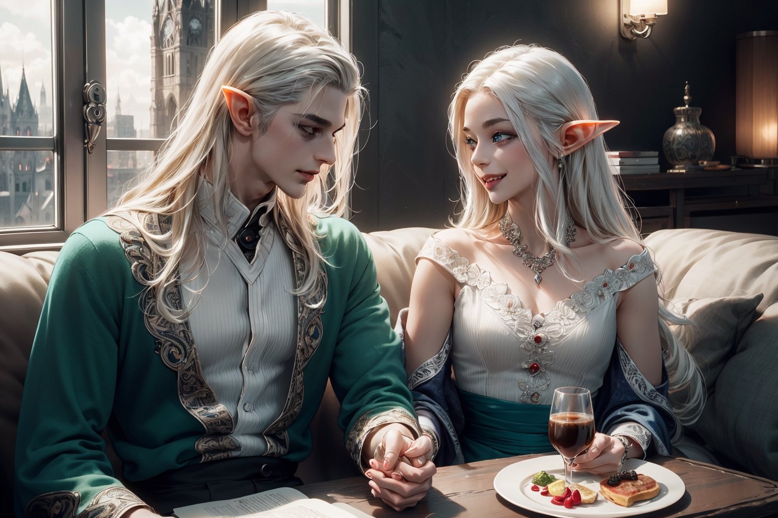 High detailed ,seated couple, hetero, holding hand, drinking cups of steamy coffee in a balcony, having brunch, flirting, smiling to each other, 1 young white haired white eyebrows handsome muscled elf man with blue eyes and 1 silver haired beautiful elf woman with green eyes, standing side by side , uniform , muscled , futuristic ,fantasy00d,vamptech, sexy, beautiful people, elf_ears, hd, 3d_(artwork), love