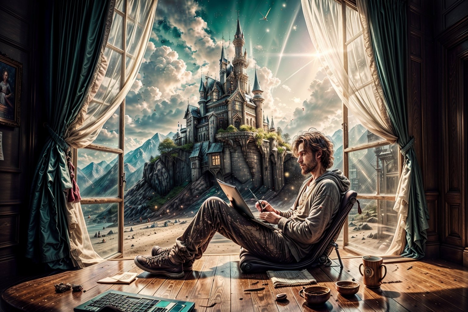 Paint a relaxing and chill scene of a 32 year old man alone in his bedroom sitting on a portable beach chair, writing on laptop over his thighs, sitting in front of a big window showing fantasy castle background, handsome male brown messy hair, unkept appearence, baggy clothes, afternoon, perfect light,perfect light,fantasy00d