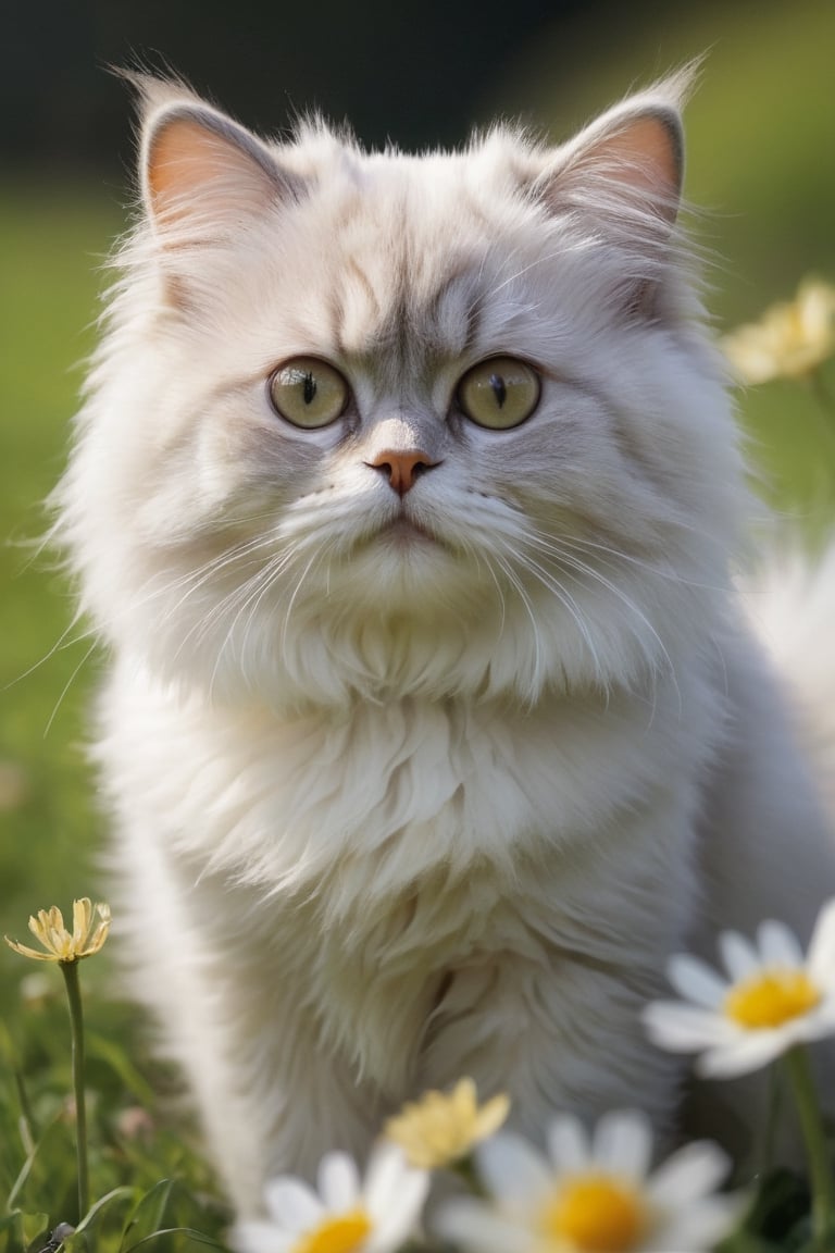 Hyperrealistic photo, very close-up of a beautiful and tender Persian fluffy cat, she is in a garden playing, Jumping, wagging its tail happily, stretching out its little paws to catch butterflies. A garden with short, very green grass. Many small, colorful flowers. It's daytime, the light is natural. The light creates a contrast of shadows on the animal. Beautiful scene, ultra detailed, hyperrealistic, colorful, distant.