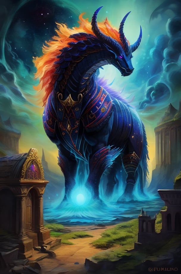 Create an enigmatic and all-mighty beast, drawing inspiration from ancient myths and cosmic wonders. Imagine its majestic form, unique abilities, and the aura of mystery surrounding it. Consider the creature's habitat and the legends whispered about its existence in the realms of fantasy.