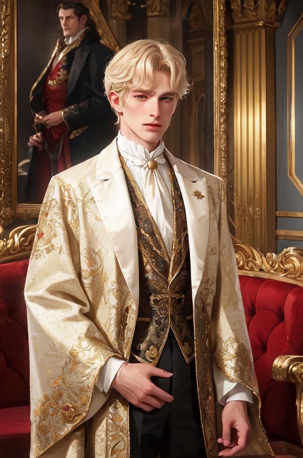 White blonde Western nobleman in medieval attire, adorned in extravagant and opulent clothing, exuding an air of aristocratic elegance and refinement.