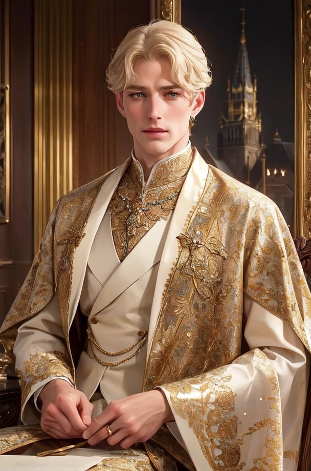 White blonde Western nobleman in medieval attire, adorned in extravagant and opulent clothing, exuding an air of aristocratic elegance and refinement.