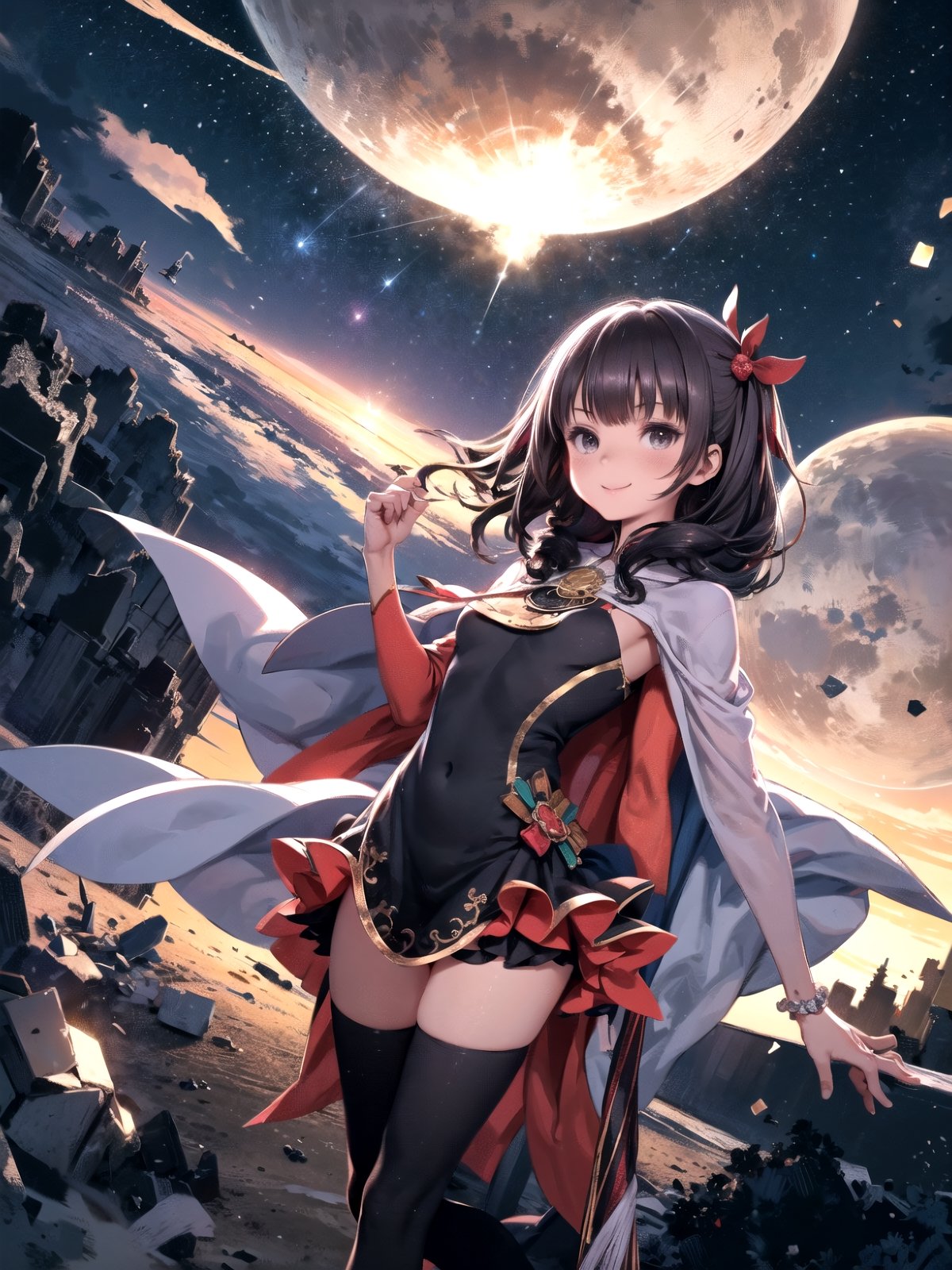 //Quality,
(masterpiece), (best quality), 8k illustration
,//Character,
1girl, solo, smile
,//Fashion,
,//Background,
night sky, meteor,  
,//Others,
make a wish,Megu-KJ , megu dress , megu cape , asymmetrical legwear, right thighhighs, eyepatch,Megu-KJ