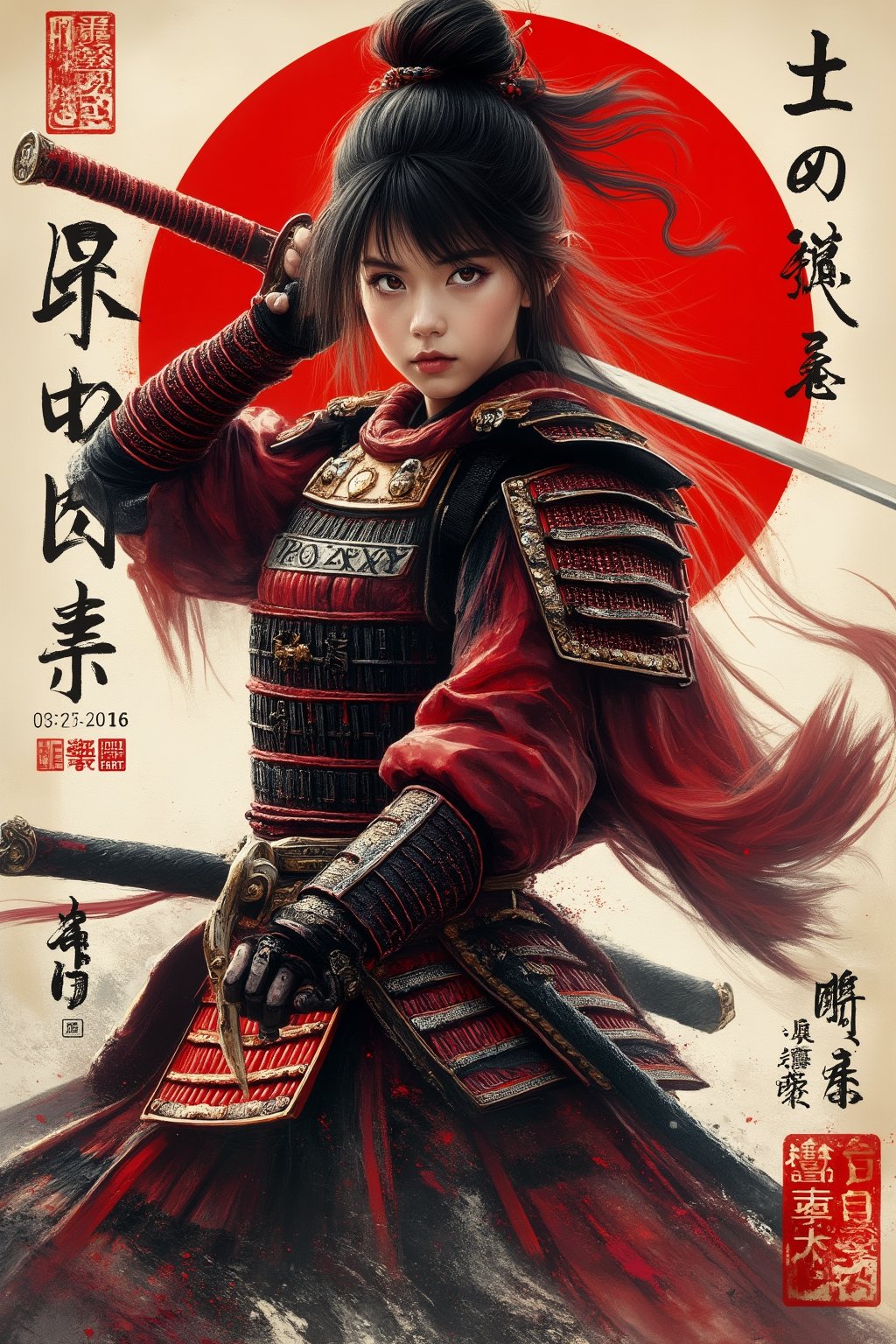 A stylish vintage poster full colour featuring a young woman wearing traditional Japanese samurai armor. The woman has fair skin, long dark hair in a bun, and is wearing Japanese samurai armor. The woman is holding a katana sword. She is fighting in a battlefield. The background has a red circle pattern with Japanese characters and symbols, written in a sharp brush stroke, which is typical of traditional Japanese style. Additional text and Japanese logos are placed around the edges of the poster in a variety of styles and colors, including a red seal and black text.