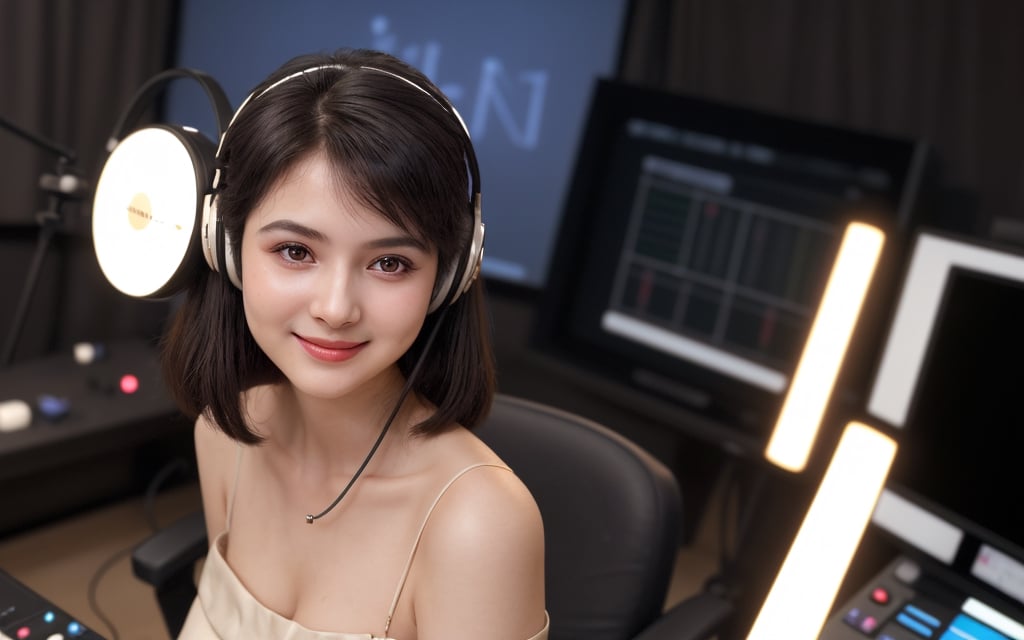 A cute 25 year-old elegant and sophisticated girl with headset, natural make up, broadcasting in a radio studio, smiling elegantly, look classy and reﬁned, style expressive, detail, cinematic lighting, contrast, detail, UHD,bul4n