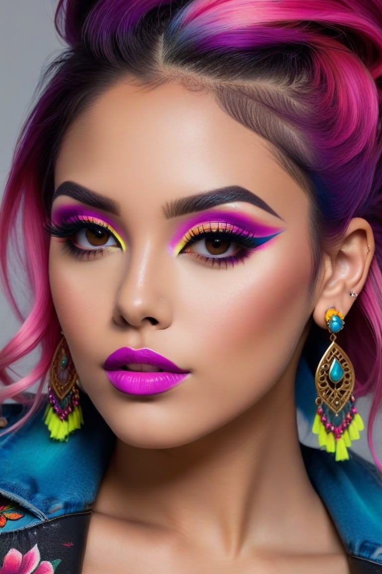 Photorealistic, Photo of Hispanic woman, colorful hair, huge eyelashes, huge bold eyelines, neon bold eyeshadows, high quality, colorful tattoos, huge earrings,photorealistic, 18k