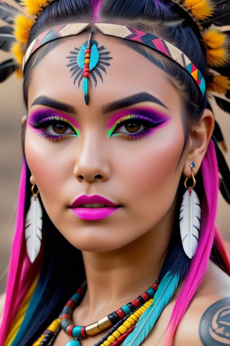 Photorealistic, Photo of Native American woman, colorful hair, huge eyelashes, huge bold eyelines, neon bold eyeshadows, high quality, colorful tattoos, huge earrings,photorealistic, 18k