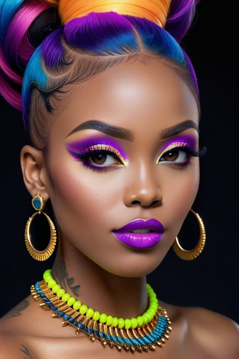 Photorealistic, Photo of African woman, colorful hair, huge eyelashes, huge bold eyelines, neon bold eyeshadows, high quality, colorful tattoos, huge earrings,photorealistic, 18k