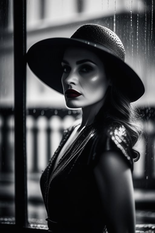A hauntingly beautiful,((black and white)),portrait,film noir-inspired photograph of a mysterious,beautiful woman,standing in front of a dimly lit,rain-soaked alleyway. BREAK
She's wearing a tight (red) dress,lipstick and long gloves,her features obscured by a striking,wide-brimmed hat,casting eerie shadows across her face. The rain drops on the windowpane behind her blur the scene slightly,adding to the moody,atmospheric feel of the image.,
high contrast,cinematic lighting,8k,RAW photo,highest quality,,