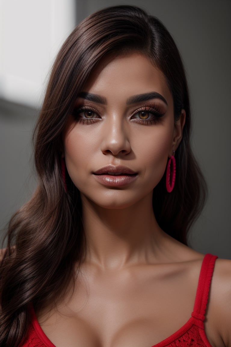 Photorealistic, Photo of Latin woman, colrful hair, huge eyelashes, huge bold eyelines, neon bold eyeshadows, high quality, colorful tattoos, huge earrings