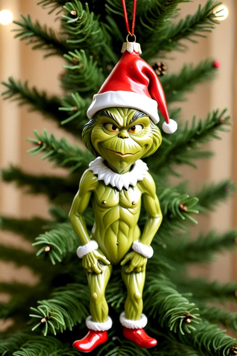 "dressed christmas_ornament, in form of FULL BODY [THE GRINCH], made of ceramic, wearing a santa hat", CHRISTMAS TREE BACKGROUND